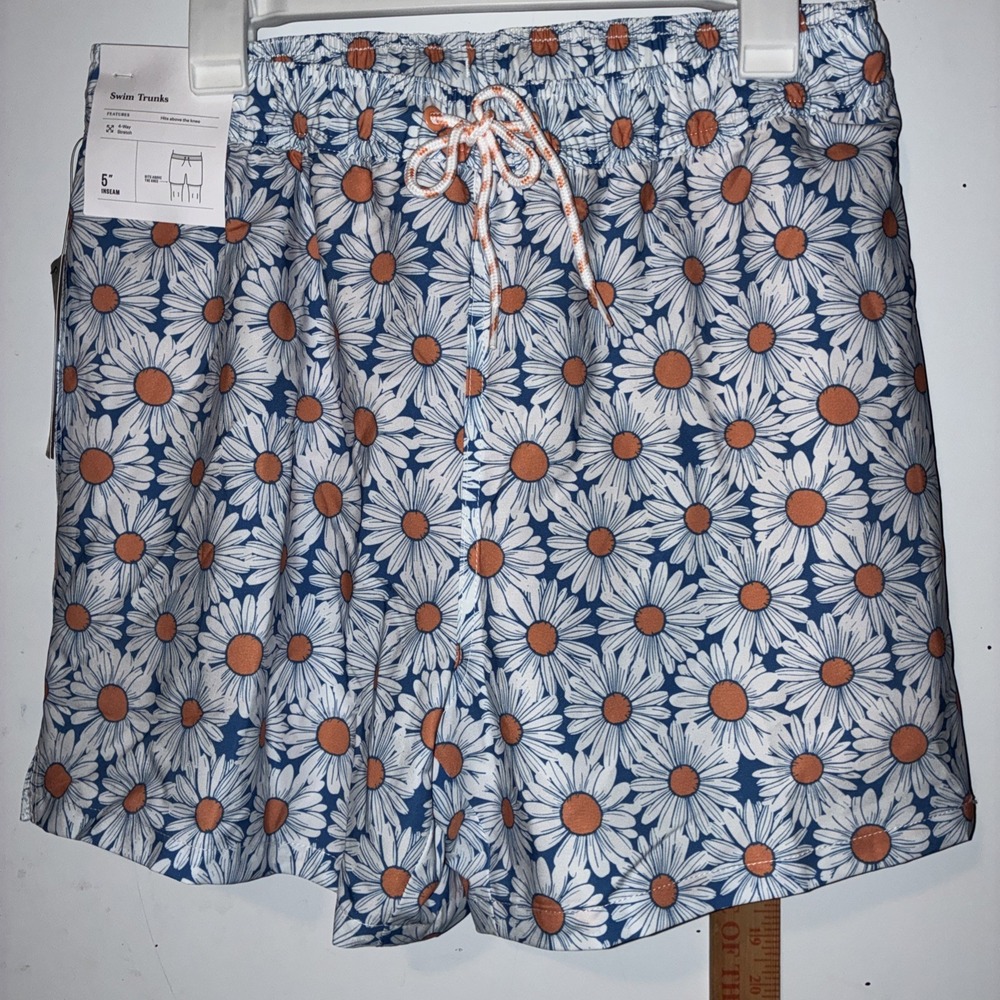NWT Goodfellow & Co Men's 5" Daisy Swim Trunks - Blue/Orange - Size Medium